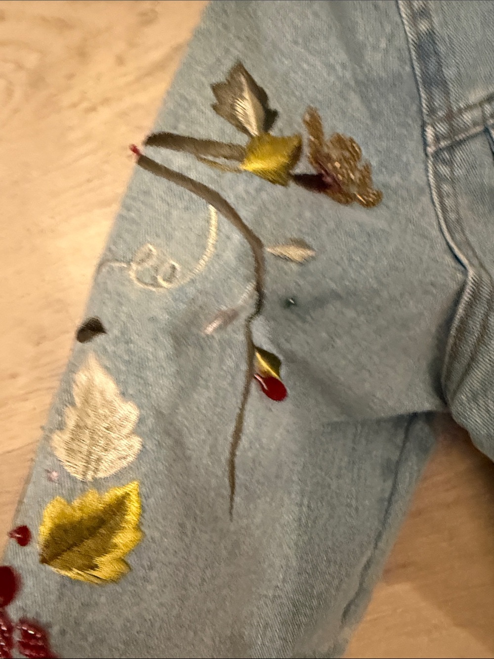 Light Blue Embroidered Denim Jacket with Floral Details - Women - Picture 4 of 7